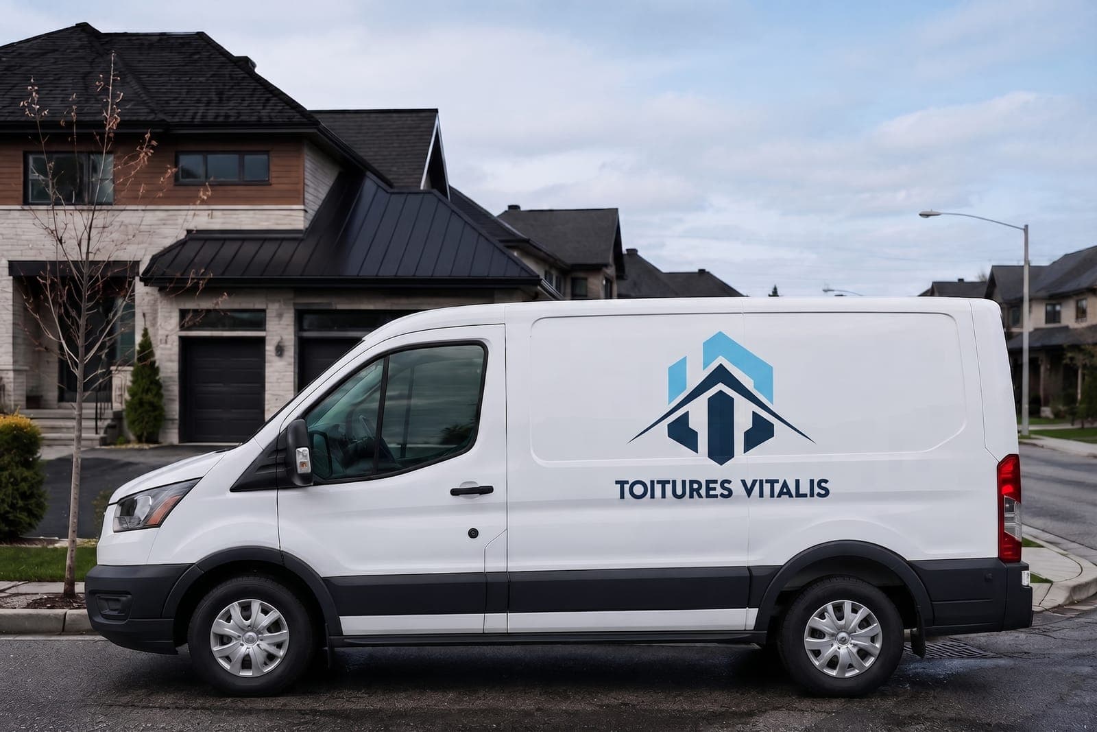 Véhicule brandé Toitures Vitalis devant une maison résidentielle au Grand Montréal