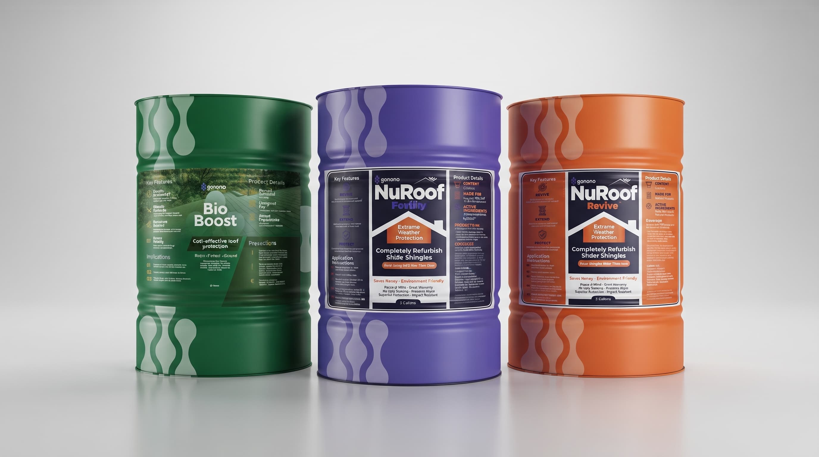 Gamme de produits GoNano NuRoof : Fortify, Revive et Bio-Boost