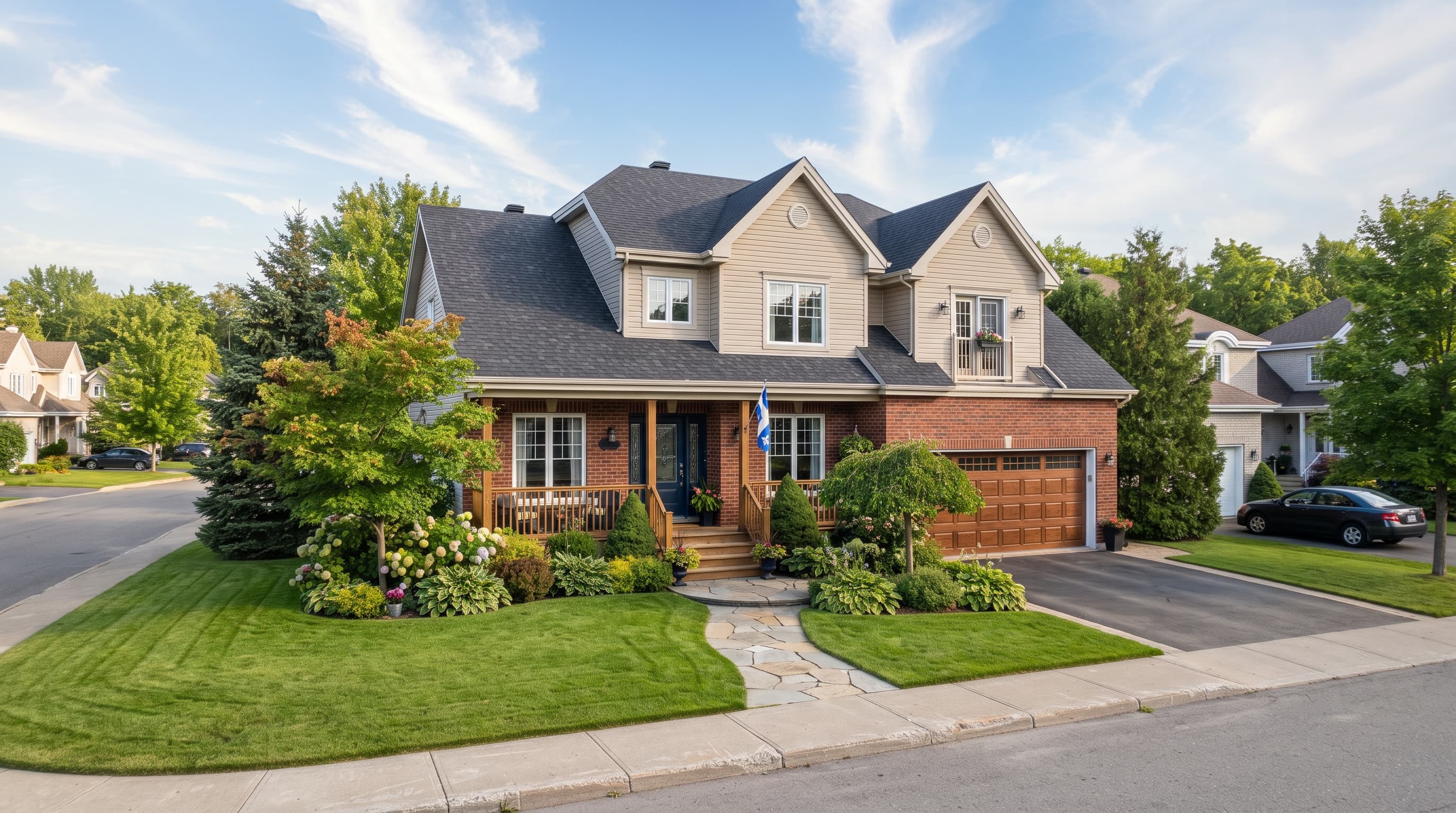 Belle maison résidentielle québécoise avec toiture en bardeaux d'asphalte bien entretenue