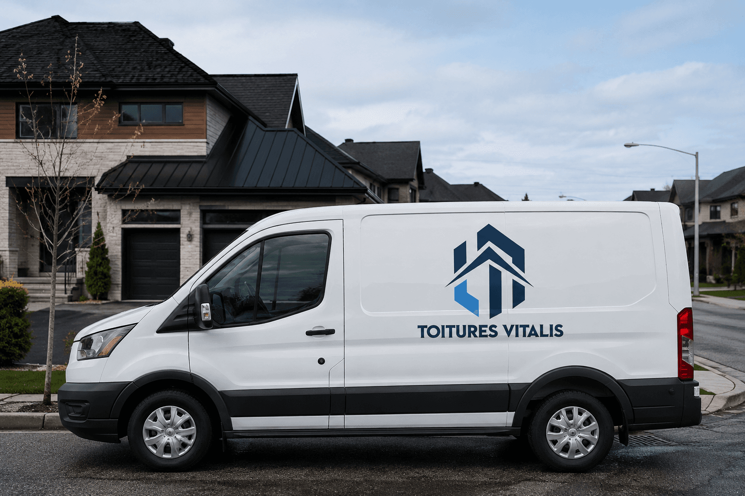 Véhicule brandé Toitures Vitalis devant une maison résidentielle au Grand Montréal