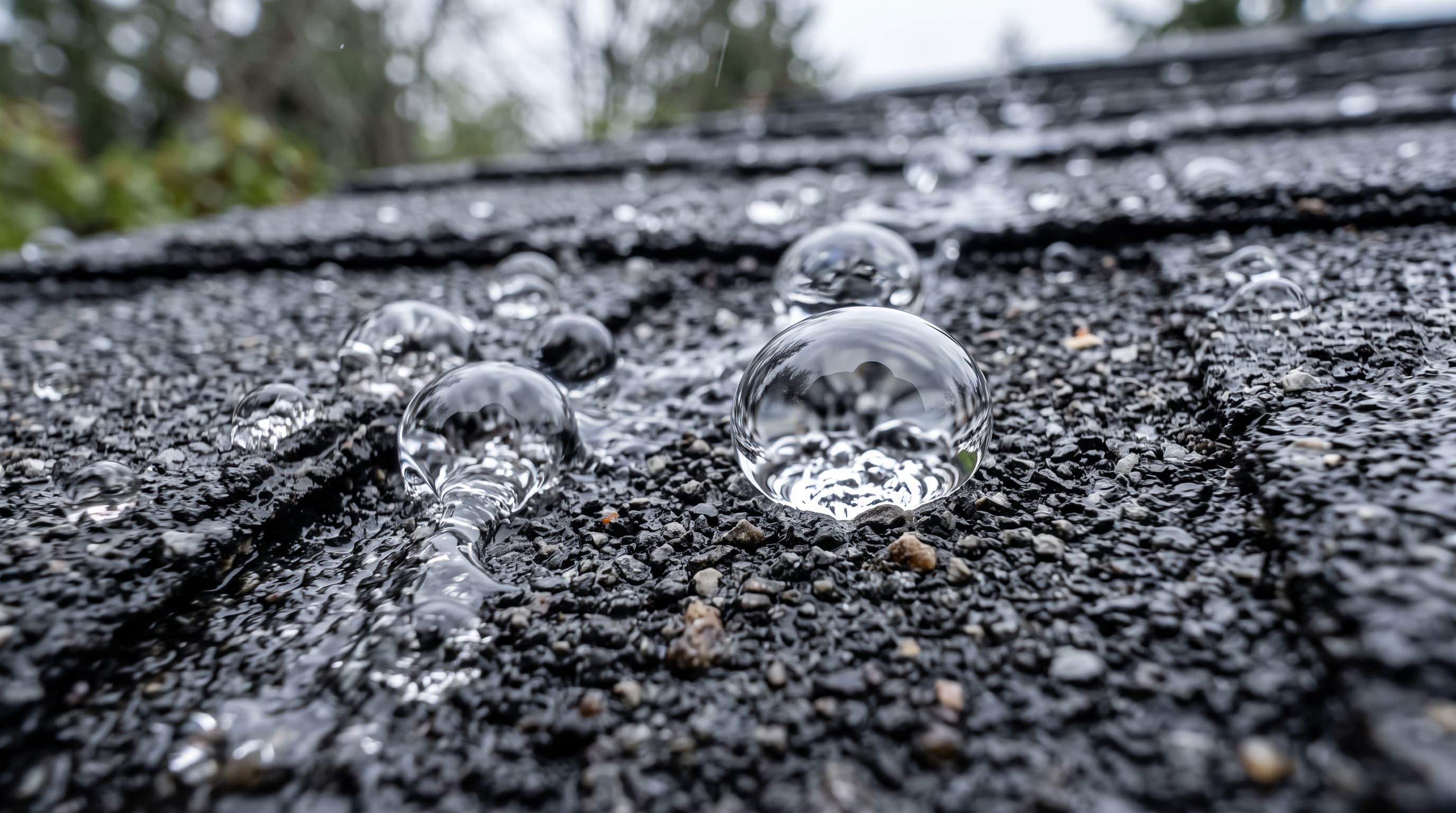 Effet hydrophobe du traitement nano : gouttes perlant sur un bardeau protégé sur la Rive-Nord