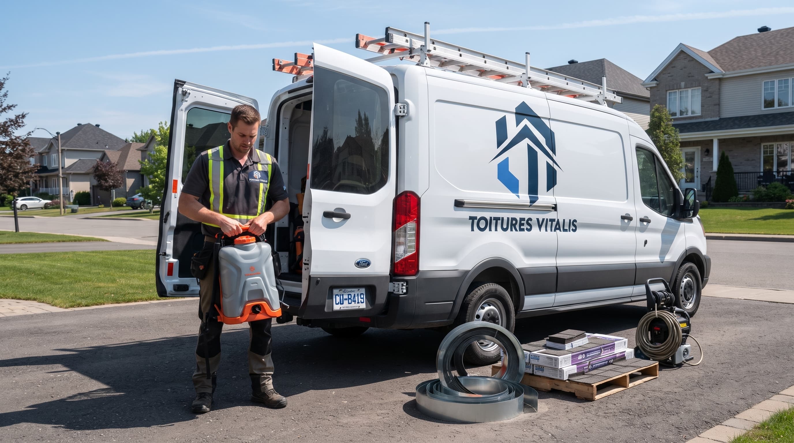 Équipe Toitures Vitalis et véhicule de service dans un quartier résidentiel du Grand Montréal